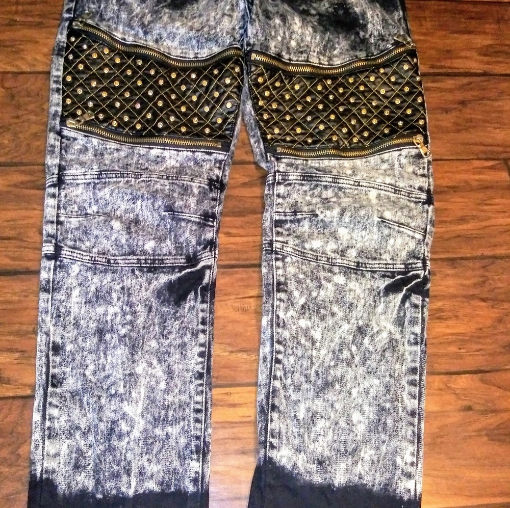 NWT Men Designer Rhinestone & Leather Skinny Jeans - Picture 4 of 8